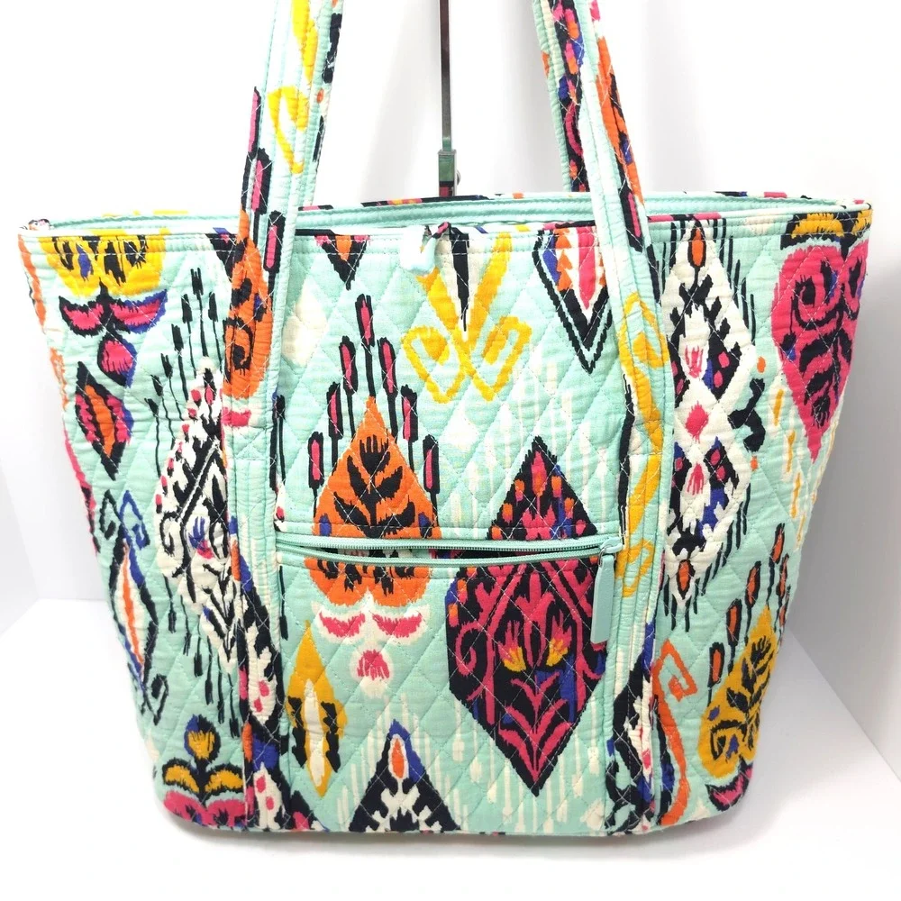 Vera Bradley Pueblo Aztec Ikat Turquoise Quilted Cotton Toggle Villager Tote Bag